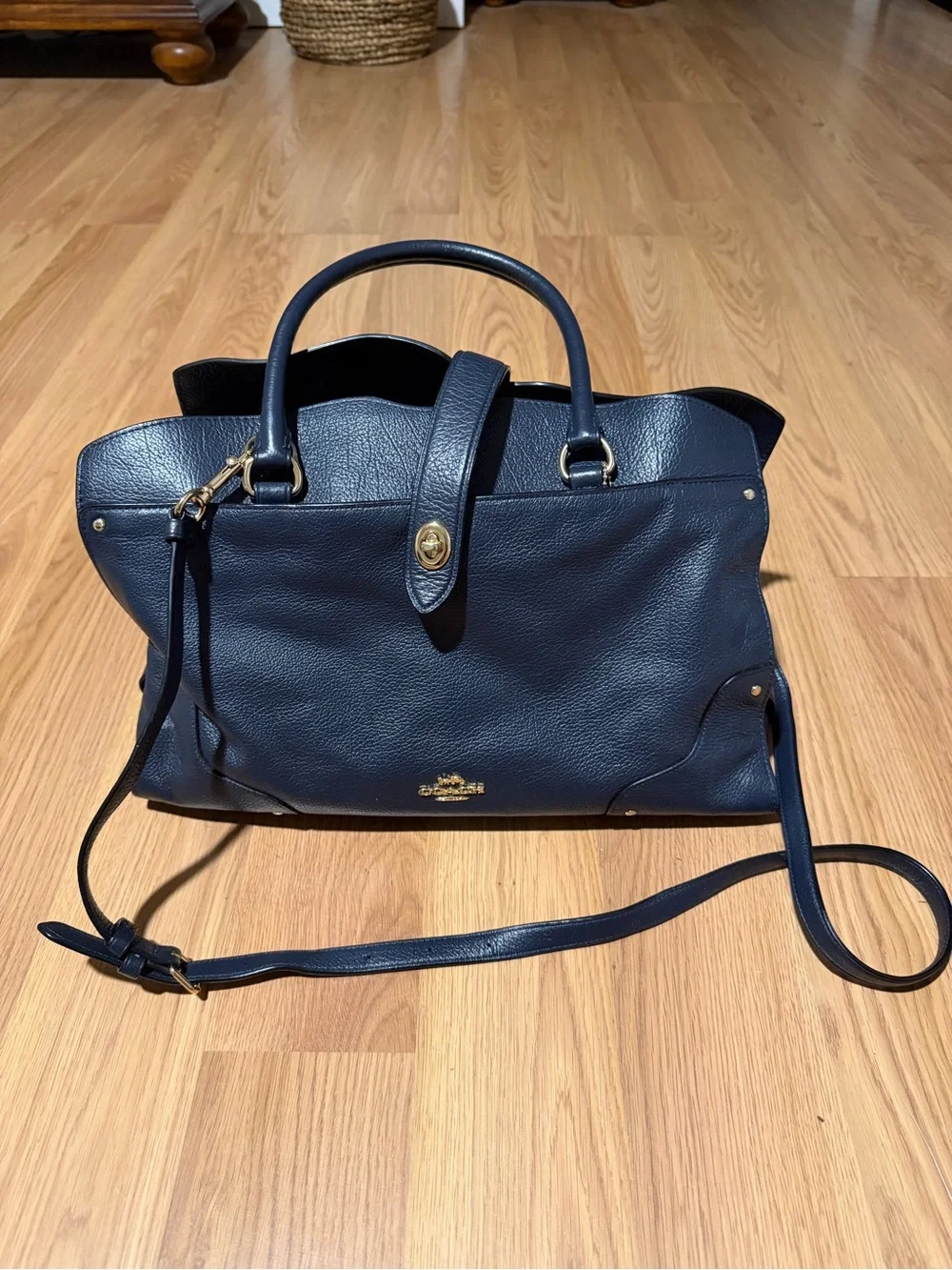 Coach Navy Pebbled Leather Satchel with Convertible Strap